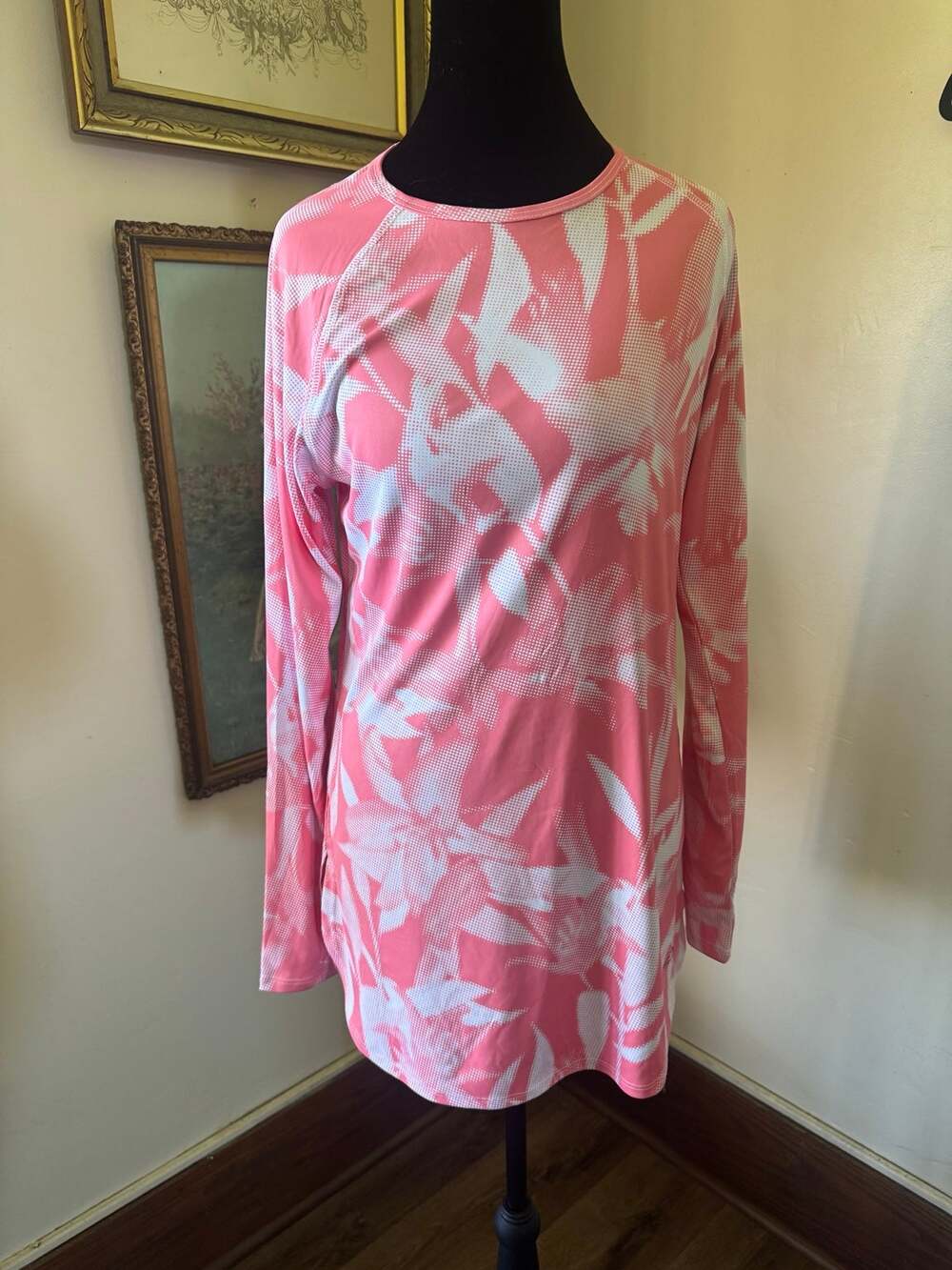 Reel Life Womens M Coral Pink White Botanical Long Sleeve Dress Beach Cover Up